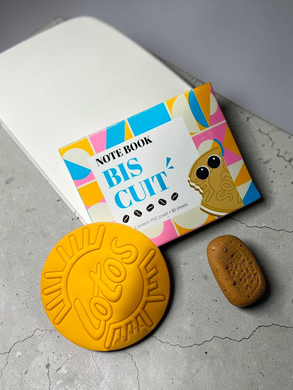 Miso station biscuit themed notebook set with a round yellow textured cover and a small biscuit shaped accessory