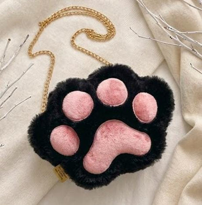 Miso station plush black cat paw crossbody bag with soft pink padded details and a gold-tone chain strap