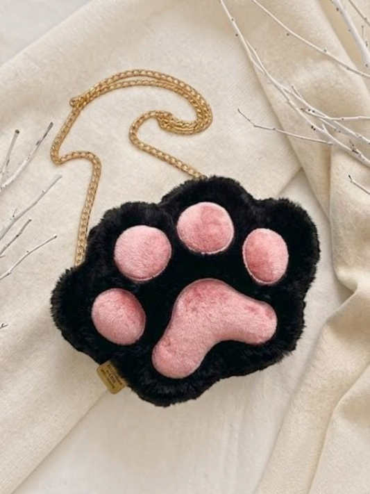 Miso station plush black cat paw crossbody bag with soft pink padded details and a gold-tone chain strap