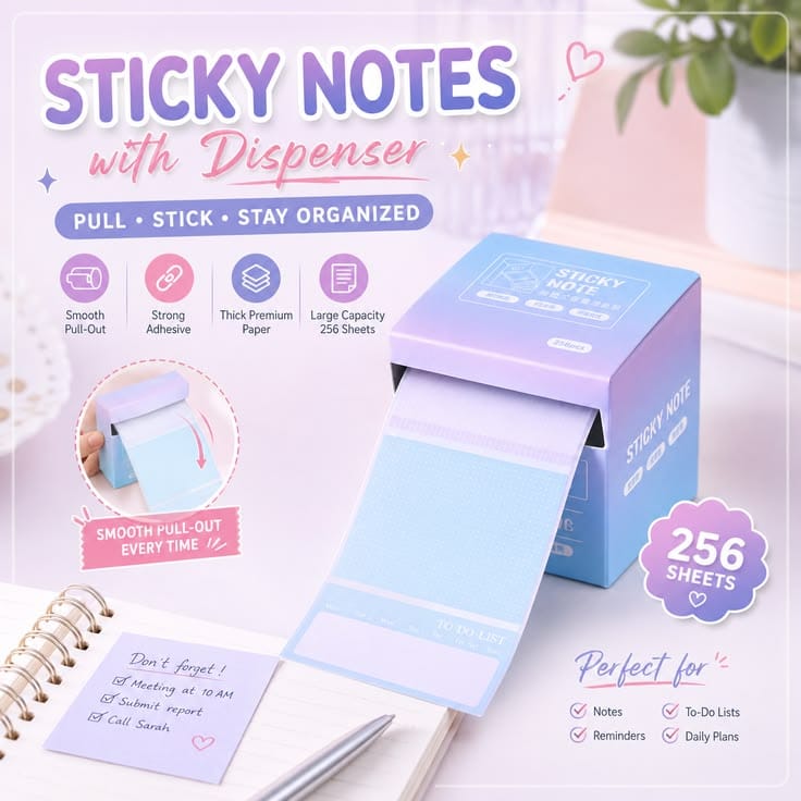 Miso station blue gradient adhesive note roll in a desktop dispenser with 256 sheets for desk organization