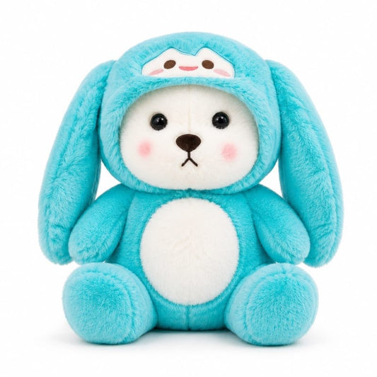 Miso station plush bunny toy wearing a bright blue hooded onesie with a white belly and rosy cheeks