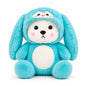 Miso station plush bunny toy wearing a bright blue hooded onesie with a white belly and rosy cheeks