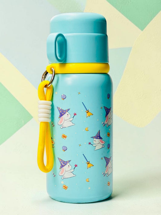Miso station light blue insulated stainless steel water bottle with wizard bunny pattern and yellow carry strap