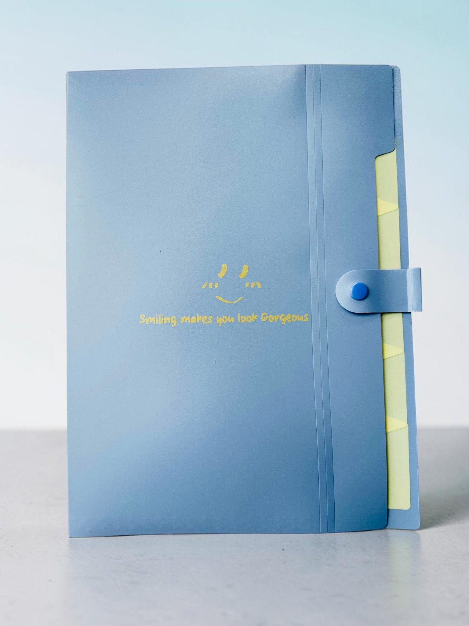 Miso station blue expandable document folder with a smiley face graphic and the quote Smiling makes you look Gorgeous