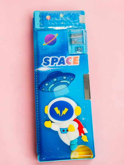 Miso station blue hard shell pencil case with 3D astronaut, space theme, and built-in sharpener for school students.