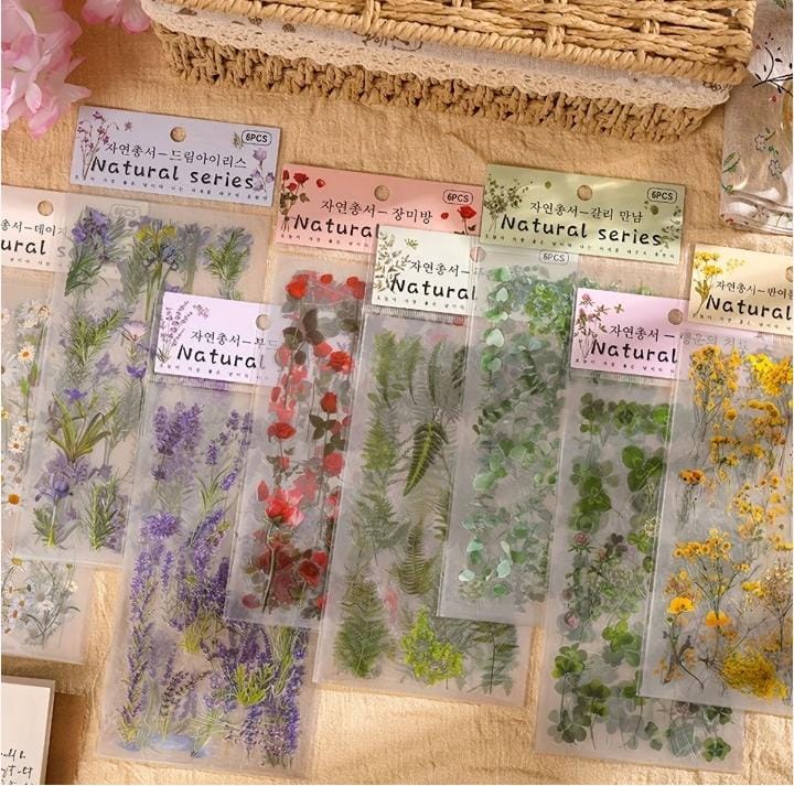Miso station Natural Series botanical sticker sheets featuring pressed wildflower and greenery designs on clear film