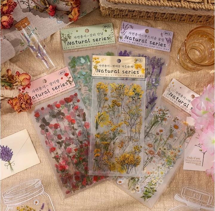 Miso station Natural Series botanical sticker sheets featuring pressed wildflower and floral designs for journaling