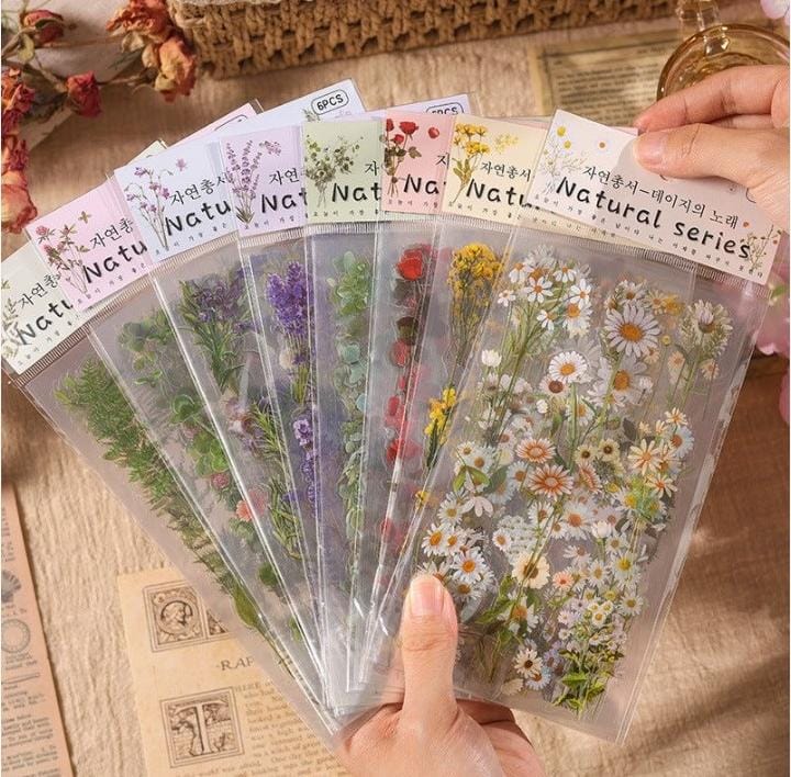 Miso station Natural Series botanical flower sticker sheets with transparent pressed wildflower designs for journaling.