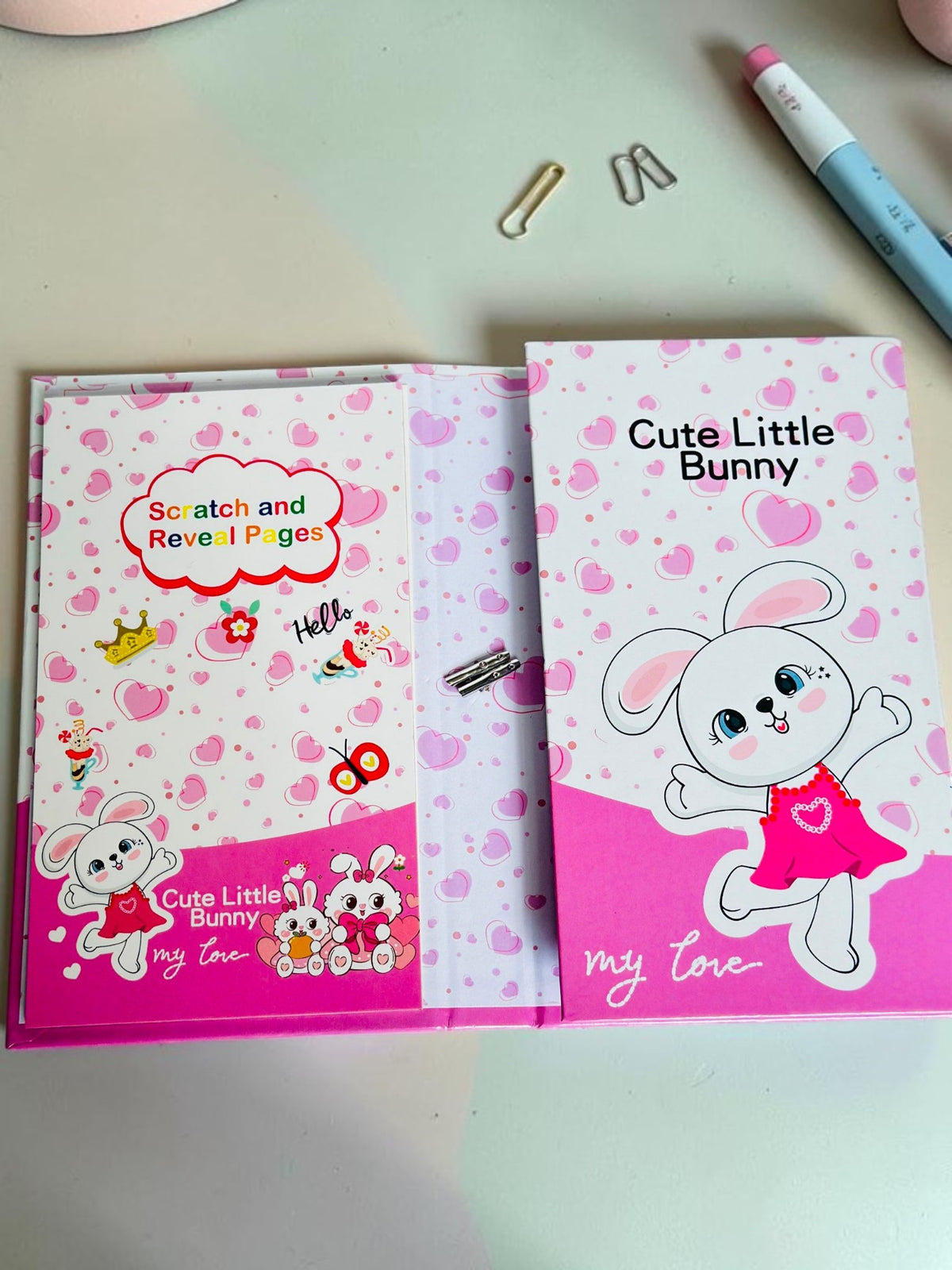 Miso station Cute Little Bunny colouring book set with scratch and reveal pages and pink heart patterns
