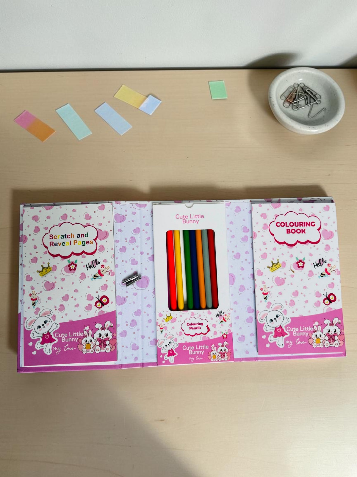 Miso station Cute Little Bunny colouring book and pencil set with scratch-and-reveal pages in a pink fold-out case.