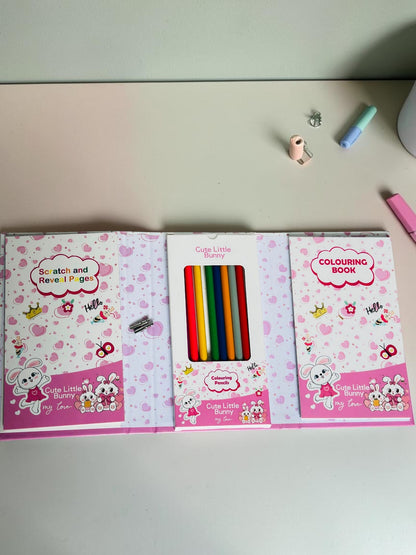 Miso station Cute Little Bunny stationery set with colouring book, scratch-and-reveal pages, and coloured pencils.