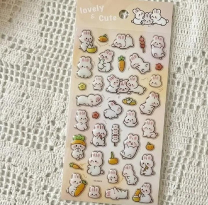 Miso station sticker sheet featuring cute white bunny characters with carrots and snacks in a kawaii aesthetic style.