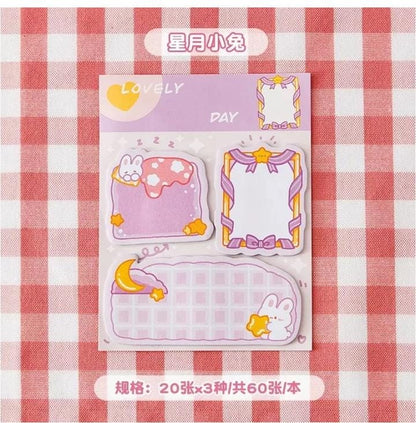 Miso station adhesive memo pad set featuring cute purple bunny and star cartoon designs on a red gingham background.