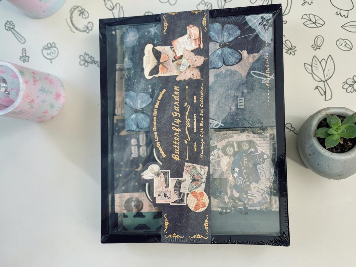 Miso station Butterfly Garden vintage stationery gift box with decorative paper, stickers, and washi tape