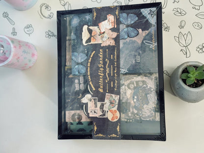 Miso station Butterfly Garden vintage stationery gift box with decorative paper, stickers, and washi tape