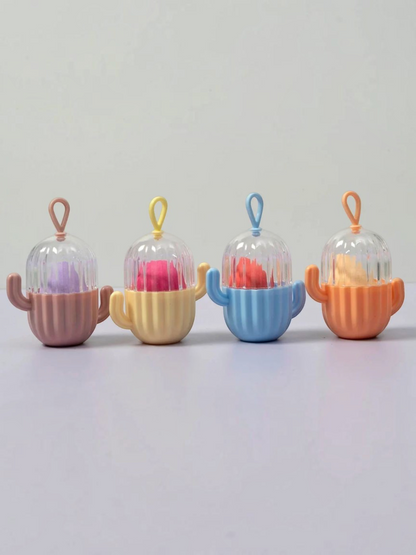 Miso station cactus shaped cosmetic sponge holders in pastel pink, yellow, blue, and orange with clear vented lids.