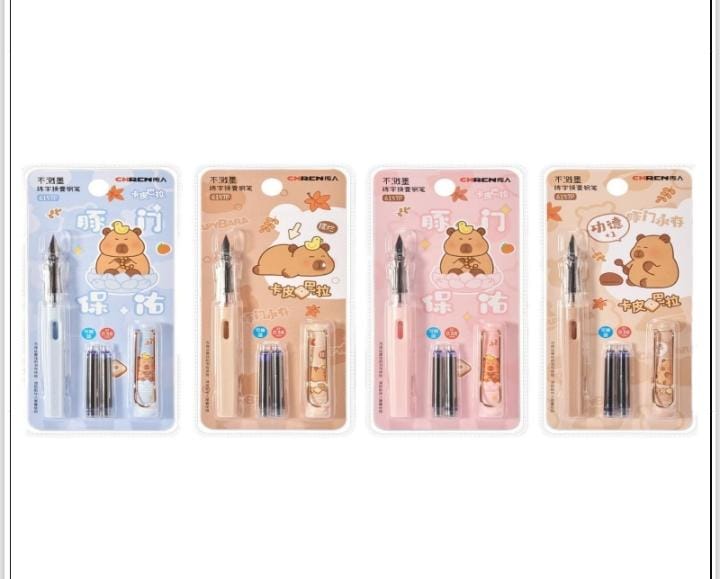 Miso station Capybara themed fountain pen sets in pastel blue, orange, pink, and beige with matching ink cartridges.