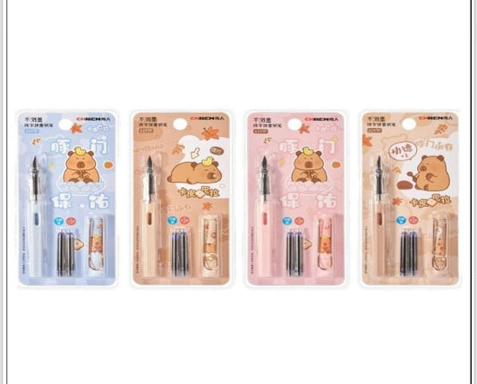 Miso station Capybara themed fountain pen sets in pastel blue, orange, pink, and beige with matching ink cartridges.