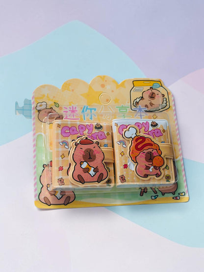 Miso station capybara themed mini notebook set with two pocket journals featuring cute food illustrations