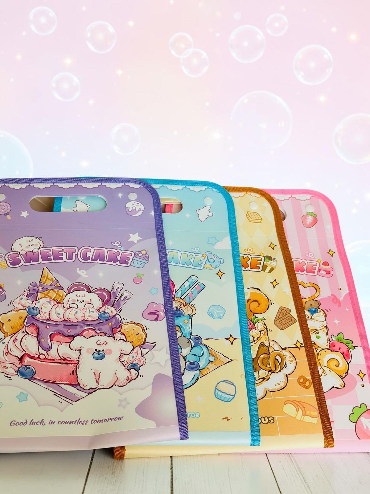 Miso station document folders featuring cute cartoon animals and sweet cake illustrations in pastel colors.