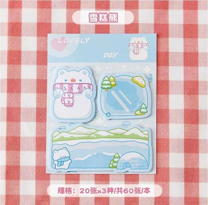 Miso station cartoon bear sticky note set with three unique blue designs on a red and white checkered background.