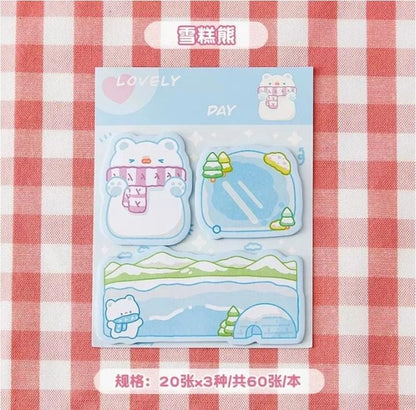 Miso station cartoon bear sticky note set with three unique blue designs on a red and white checkered background.