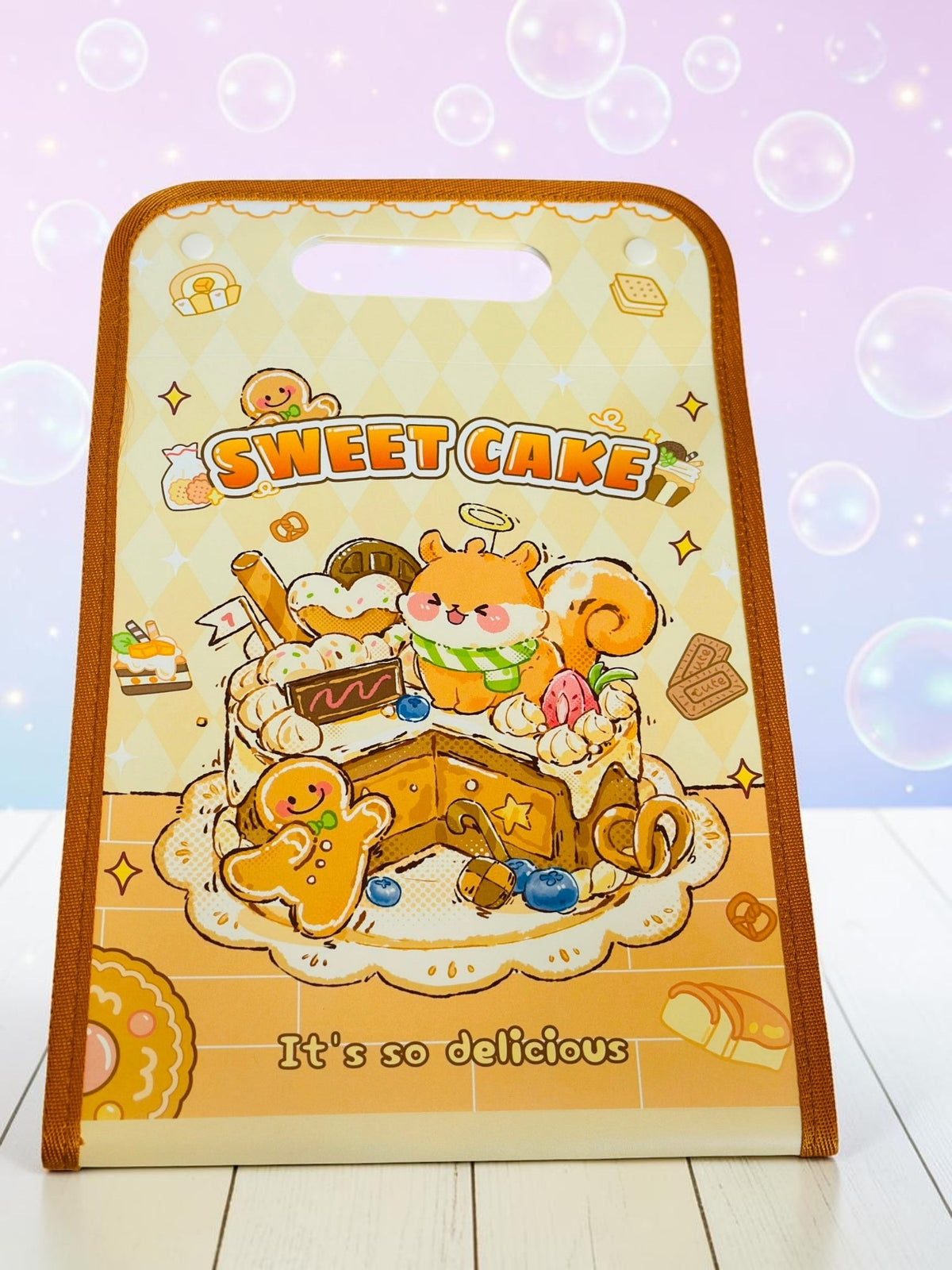 Miso station document folder featuring a cute cartoon squirrel on a sweet cake with yellow diamond pattern background