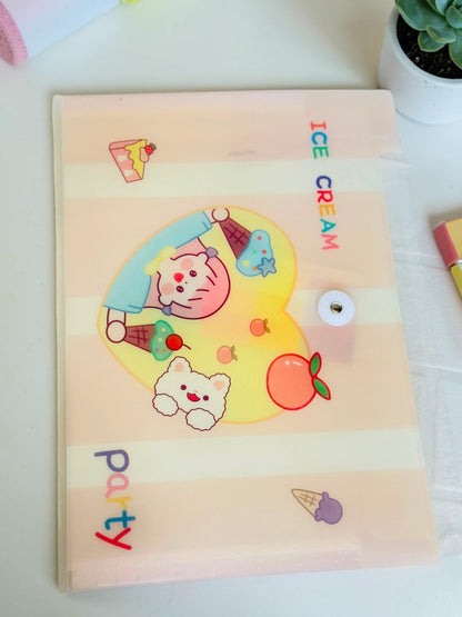 Miso station A4 document folder in frosted plastic with a cute cartoon girl, bear, and ice cream party illustration.