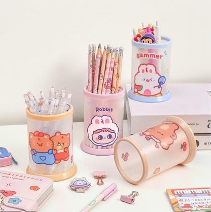 Miso station cartoon folding pen holders in various pastel colors with cute character prints on a desk