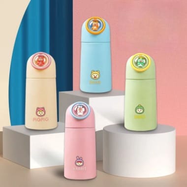 Miso station insulated stainless steel water bottles in pastel colours with cute cartoon character lids for kids