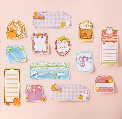 Miso station cartoon sticky note set featuring cute bears, bunnies, and food-themed memo pads on a pink background.