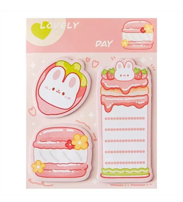 Miso station strawberry bunny and macaron themed adhesive memo note pad set with three cute cartoon designs