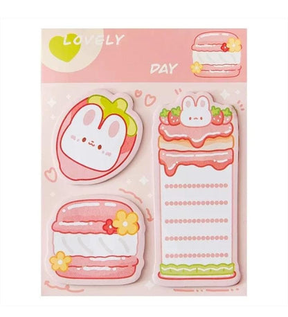 Miso station strawberry bunny and macaron themed adhesive memo note pad set with three cute cartoon designs
