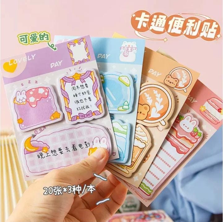Miso station cartoon sticky note set featuring cute bear and bunny designs on colorful adhesive memo pads