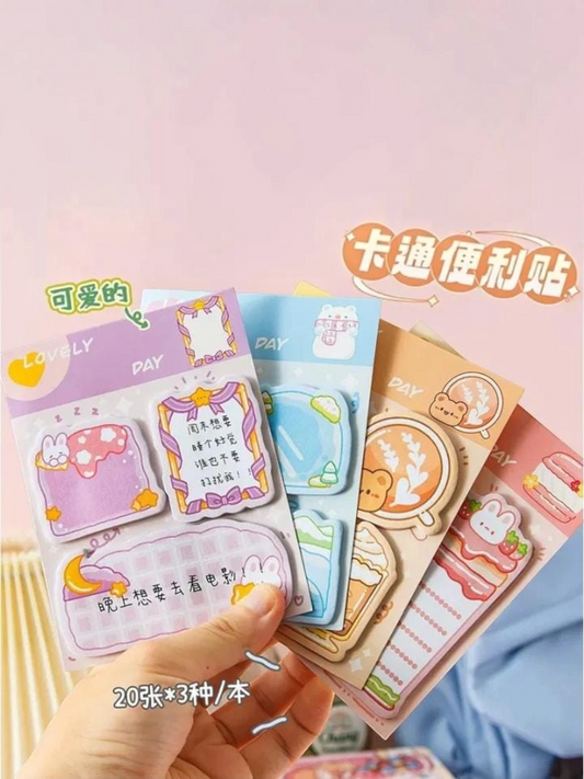 Miso station cartoon sticky note set featuring cute bear and bunny designs on colorful adhesive memo pads