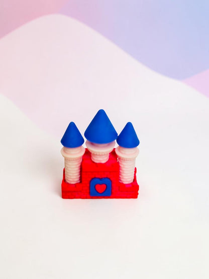 Miso station castle shaped eraser in red, pink, and blue with a heart accent for school or office stationery