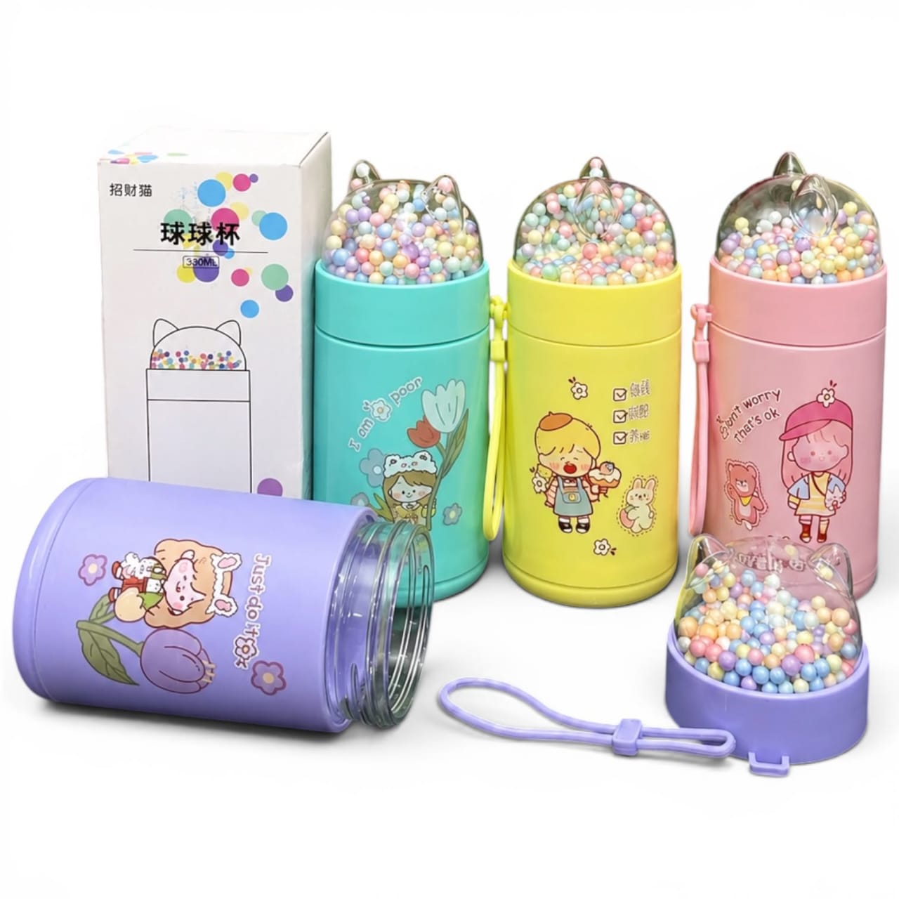 Miso station 330ml pastel water bottles with cat ear lids filled with colorful beads and cute character illustrations