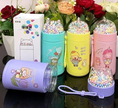 Miso station 330ml pastel water bottles with cat ear lids filled with colorful beads and cute character illustrations