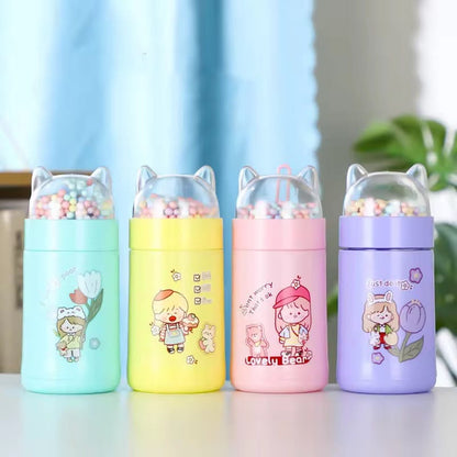 Miso station pastel water bottles with cat ear lids, bead-filled shaker tops, and cute character illustrations.