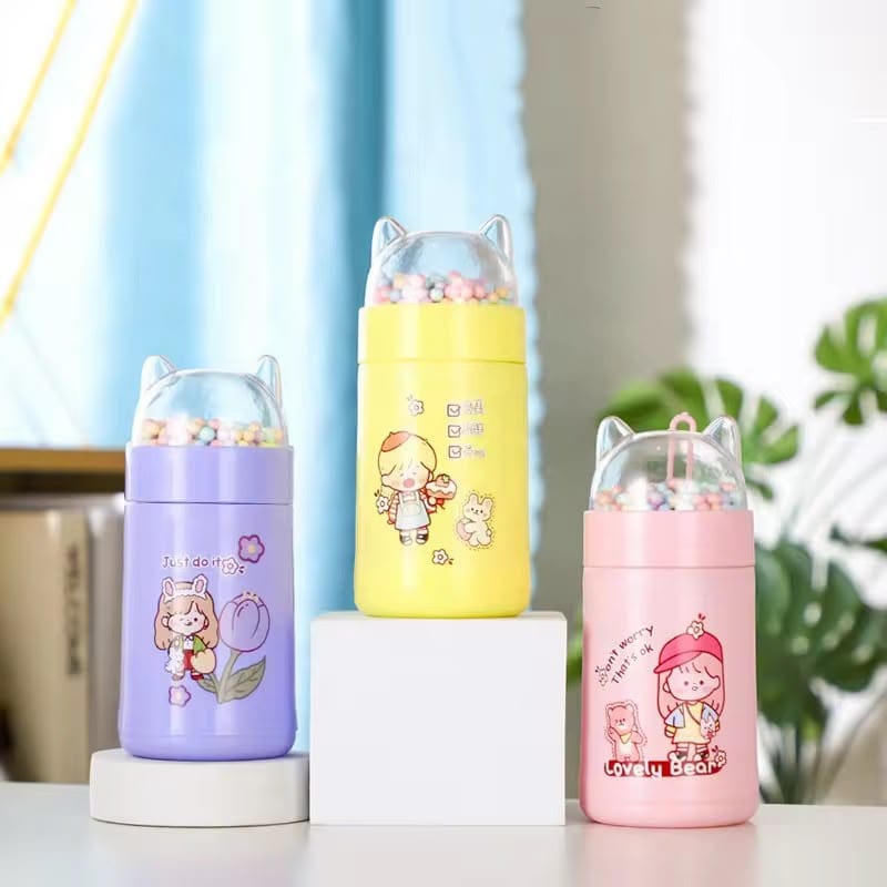 Miso station cat ear water bottles in pastel purple, yellow, and pink with character graphics and bead-filled lids.