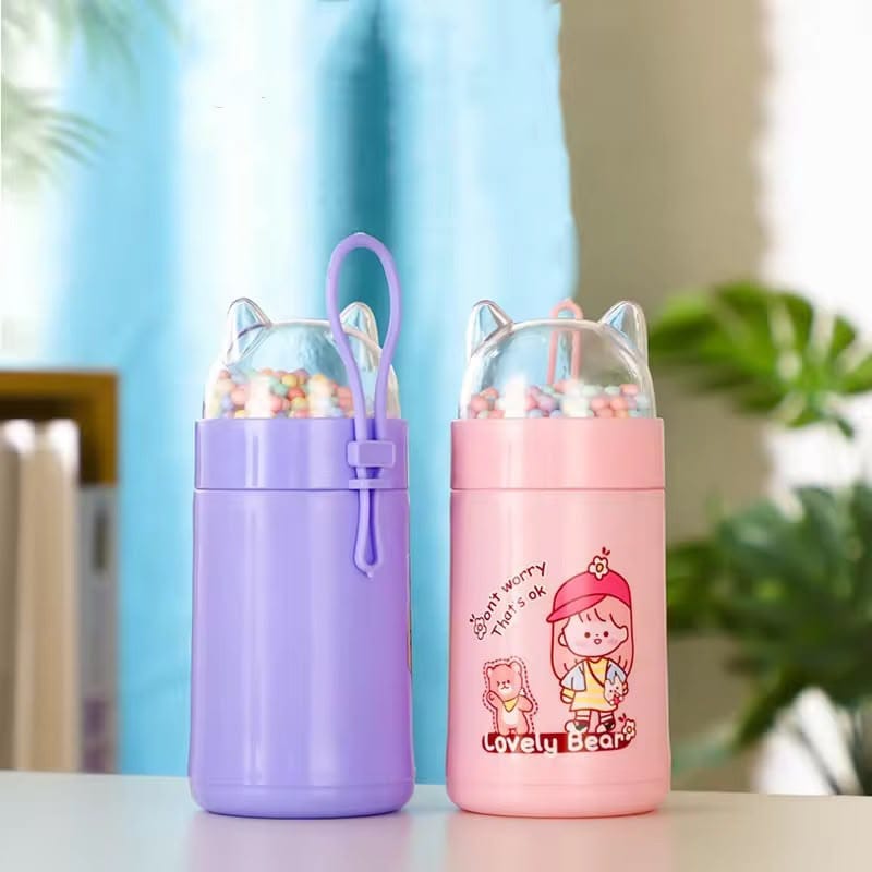 Miso station pastel purple and pink water bottles with cat ear lids and colorful bead shaker compartments