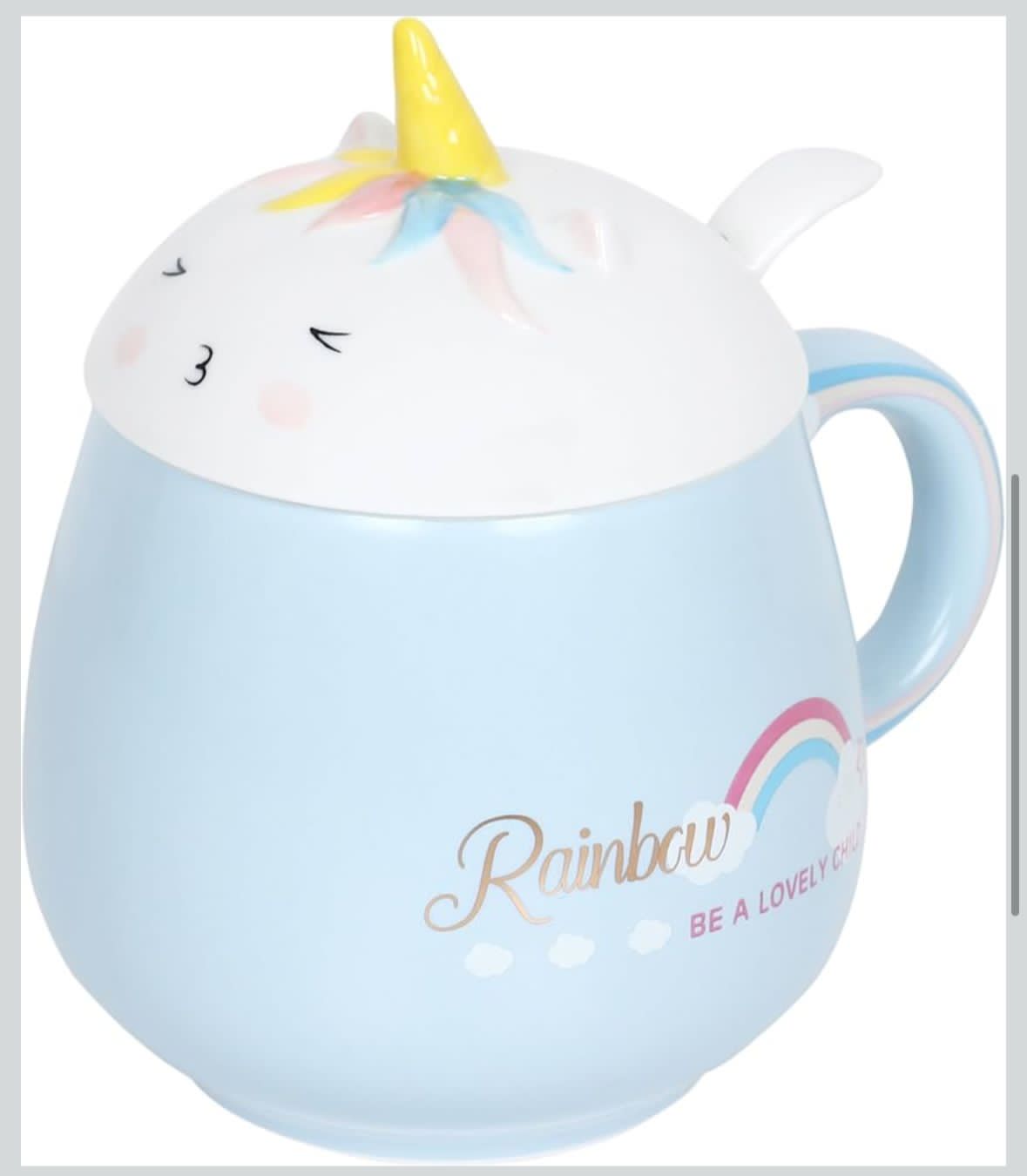Miso station pastel blue ceramic unicorn mug with a matching lid, spoon, and rainbow graphic design.