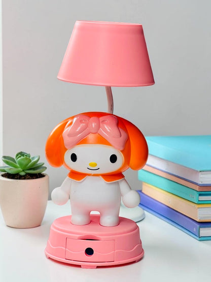 Miso station character desk lamp with a pink shade, orange accents, and a built-in storage drawer base.