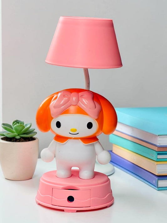 Miso station character desk lamp with a pink shade, orange accents, and a built-in storage drawer base.