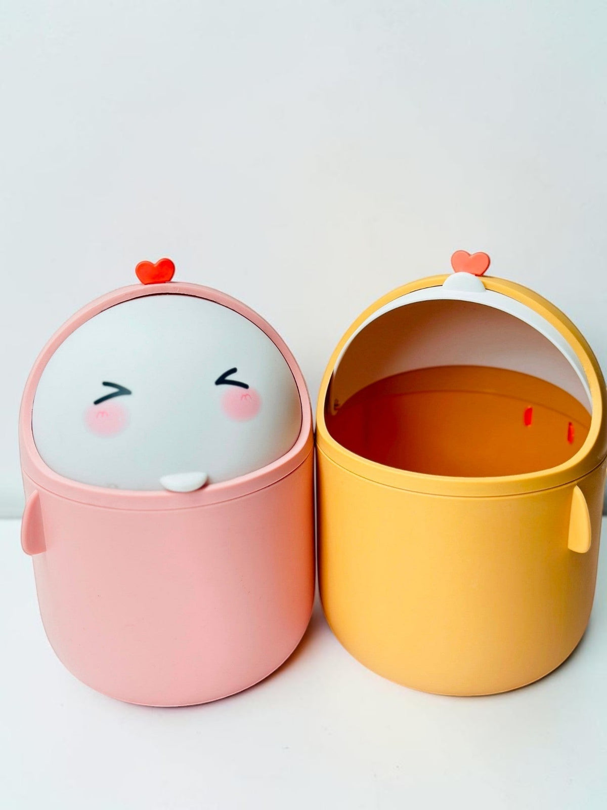 Miso station cute character desktop storage bins in pink and yellow with swing-top lids and heart accents