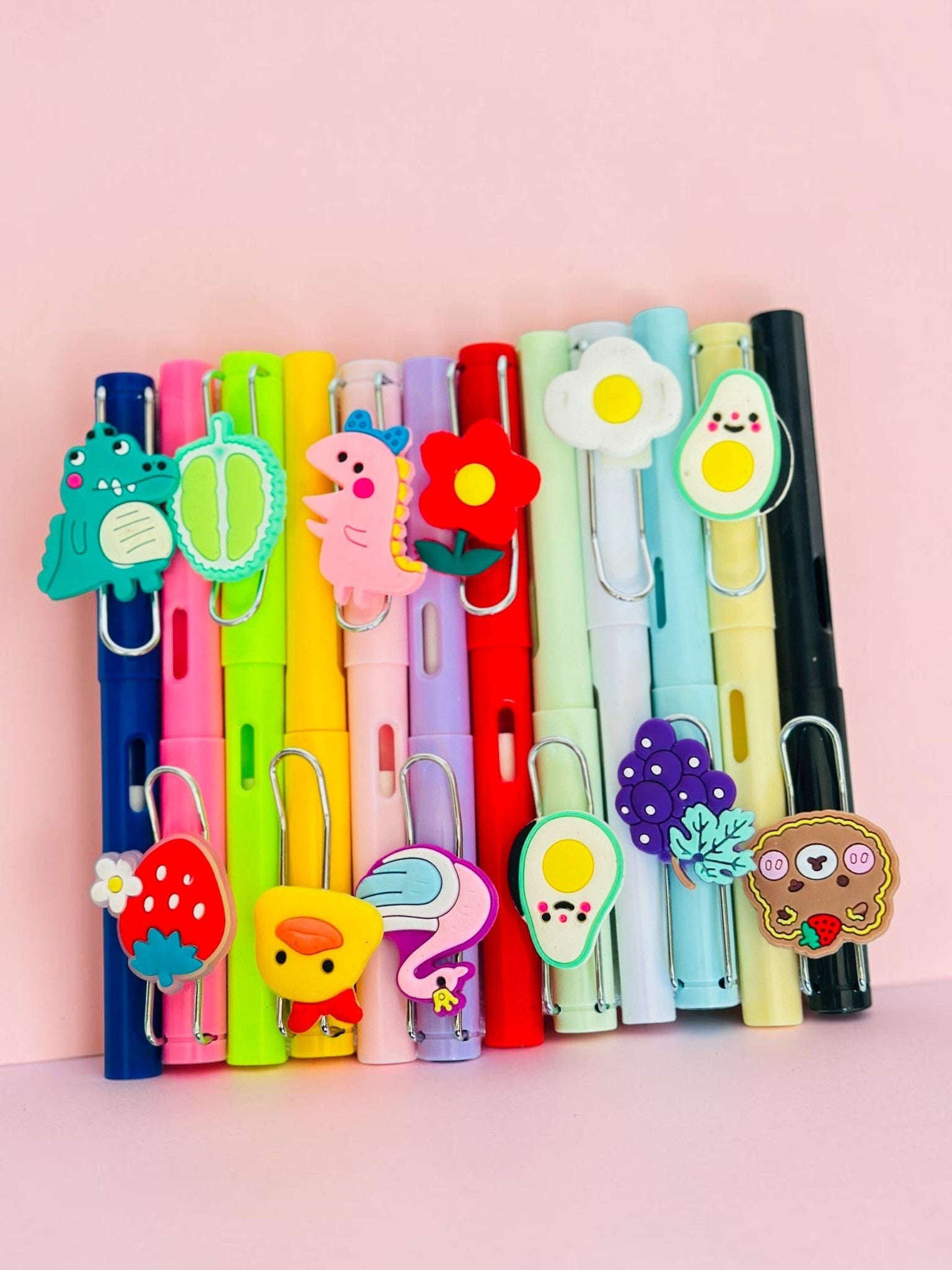 Miso station gel pens with colorful barrels and whimsical 3D silicone character toppers like animals and food motifs