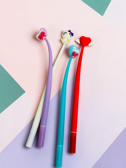 Miso station gel pens featuring cute character and heart toppers in purple, white, blue, and red on a white surface.