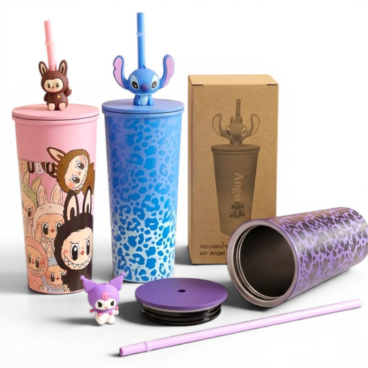 Miso station character-themed insulated tumblers with 3D toppers, reusable straws, and vibrant leopard print designs.