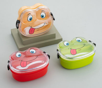 Miso station character themed kids lunch box set in orange, red, and green with fun expressive faces and locking lids