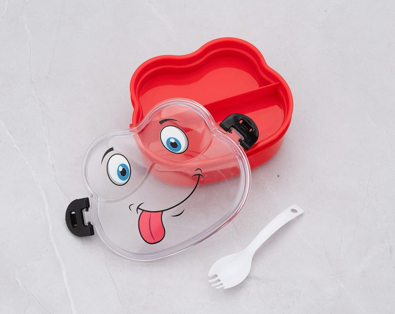 Miso station character themed red lunch box with two compartments, clear lid with silly face, and white plastic fork